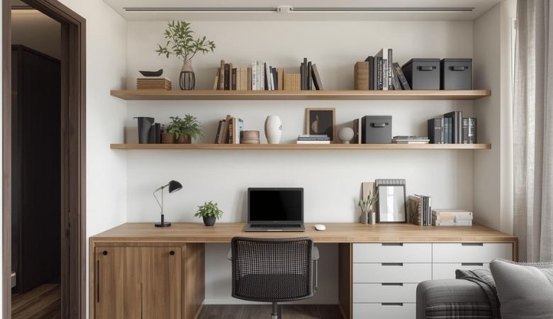 Radni prostor u dnevnoj sobi sa zidnim policama iznad stola, uredno raspoređenim knjigama i zatvorenim elementima za odlaganje.