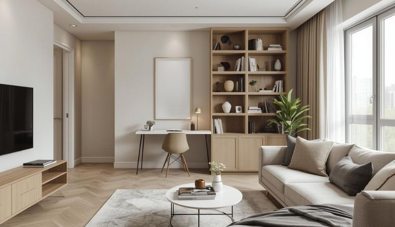 Radni kutak u dnevnoj sobi sa radnim stolom uz zid i policama za odlaganje, uklopljen u miran i uredan enterijer.