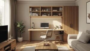 Radni kutak u dnevnoj sobi sa zidnim policama iznad stola, zatvorenim ormarićem i uredno organizovanim prostorom bez nereda.