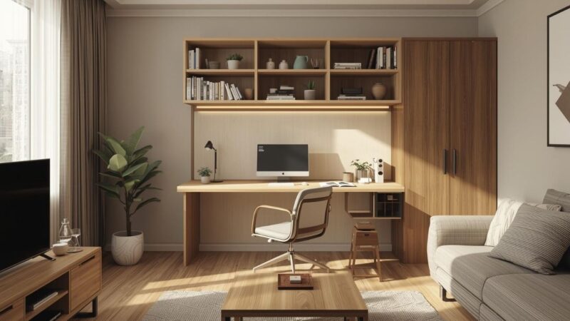 Radni kutak u dnevnoj sobi sa zidnim policama iznad stola, zatvorenim ormarićem i uredno organizovanim prostorom bez nereda.